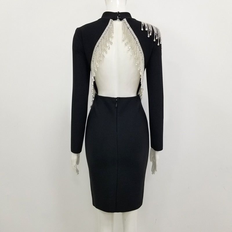 Mock Neck Long Sleeve Backless Rhinestone Fringe Bandage Mini Dress 49