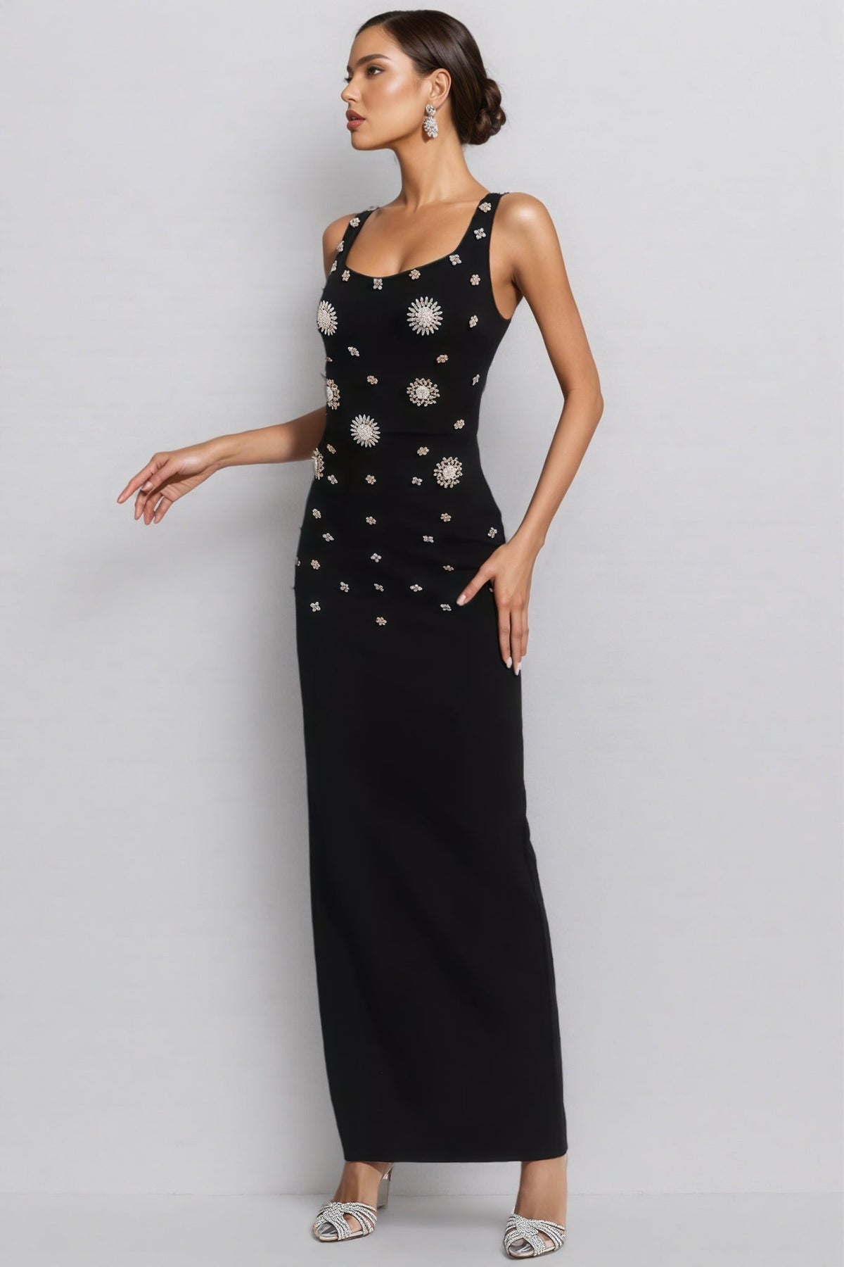 Rhinestone Sunburst Scoop Neck Sleeveless Column Maxi Gown - View 2