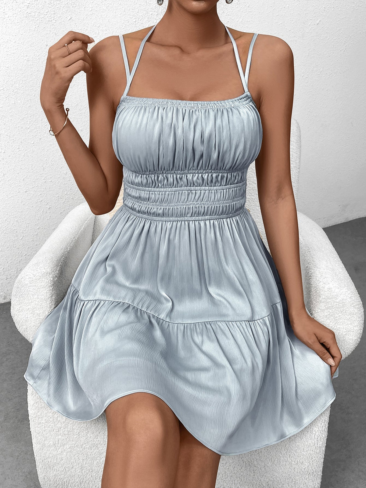 Satin Square Neck Shirred Waist Tiered Mini Dress - View 6