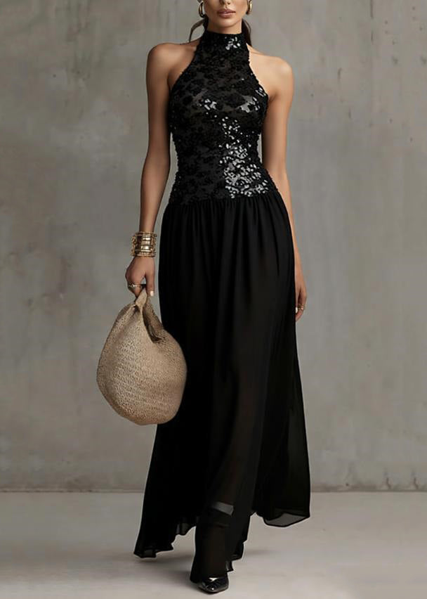 Handmade Black Backless Sequins Patchwork Tulle Long Dress Sleeveless