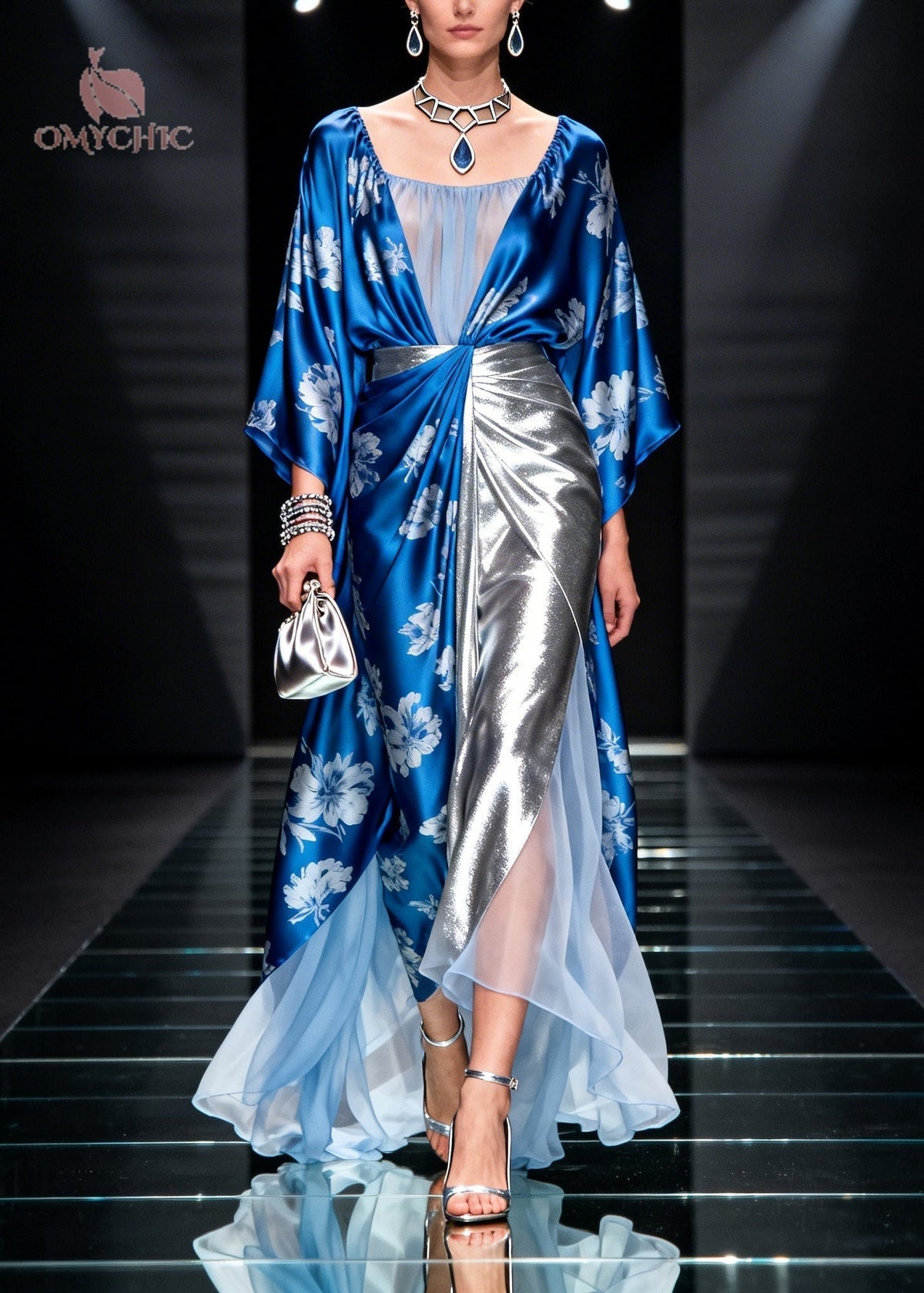 Floral Print Sleeve Mesh Panel Metallic Pleated Maxi Gown