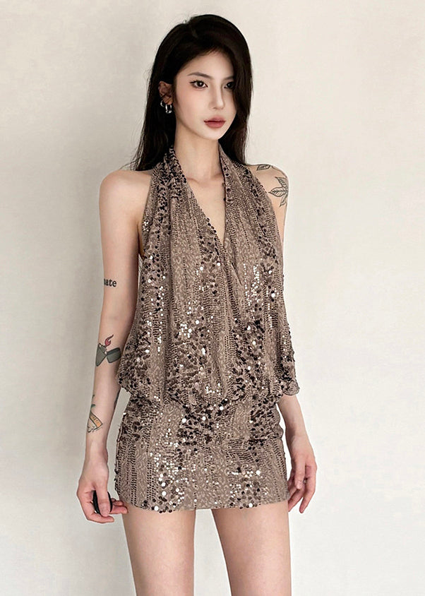 Sequin Halter Neck Deep V-Neck Draped Backless Bodycon Mini Dress - View 3