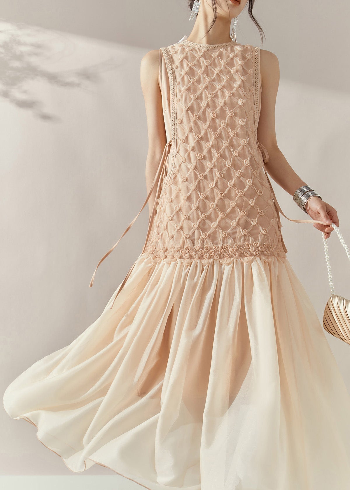 Mesh Rosette Applique Round Neck Lace Trim Drop Waist Maxi Dress - View 2