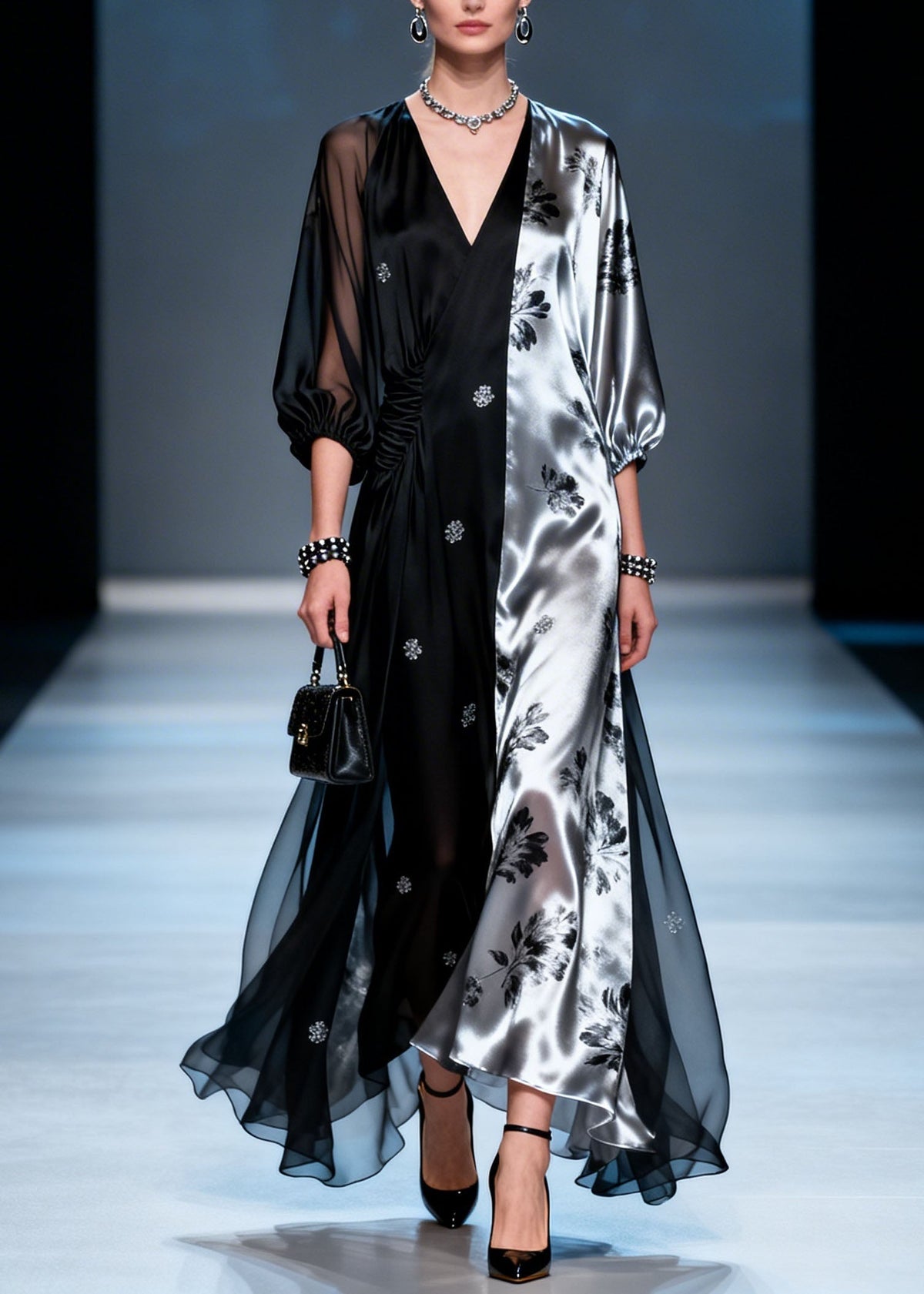Split Panel Floral Print Deep V-Neck Ruched Waist Sheer Maxi Gown