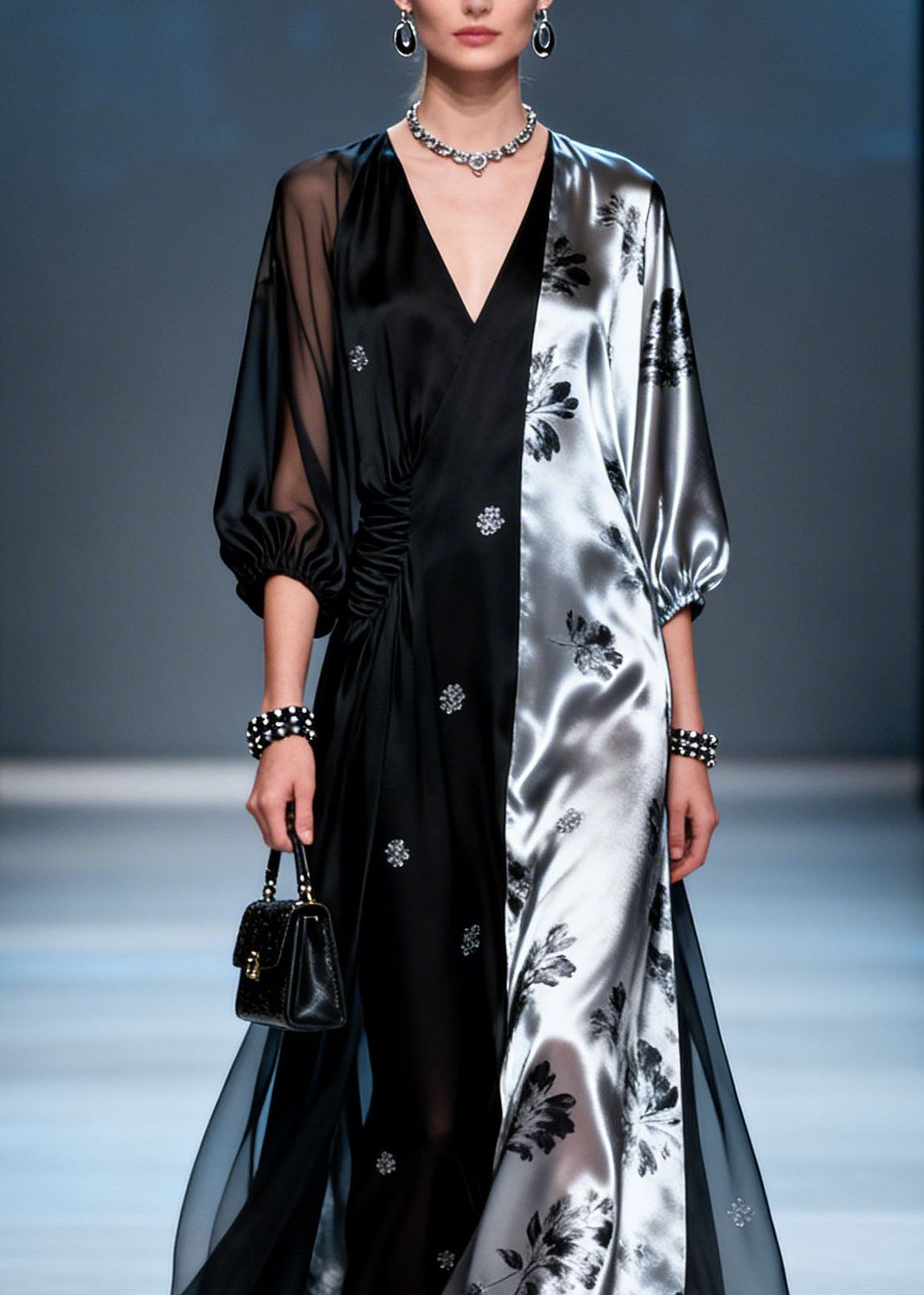 Split Panel Floral Print Deep V-Neck Ruched Waist Sheer Maxi Gown - View 2