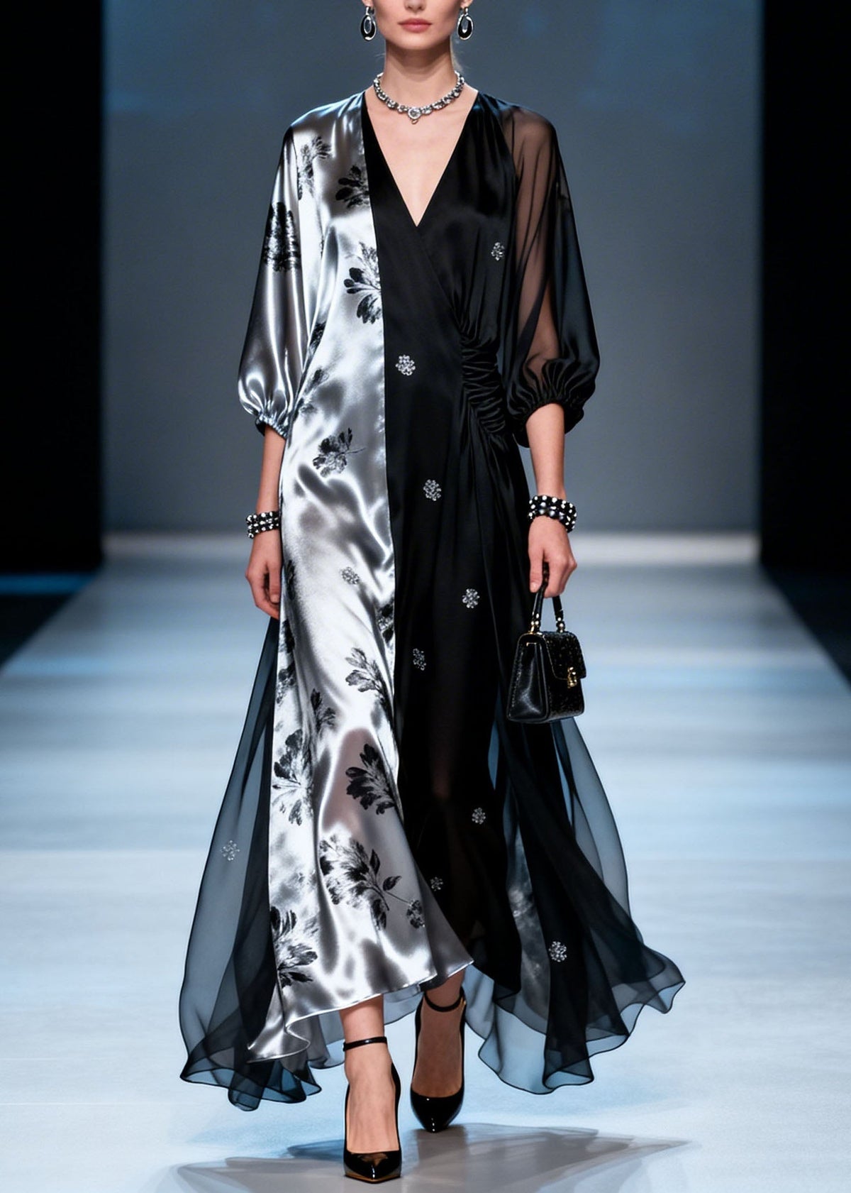 Split Panel Floral Print Deep V-Neck Ruched Waist Sheer Maxi Gown - View 3