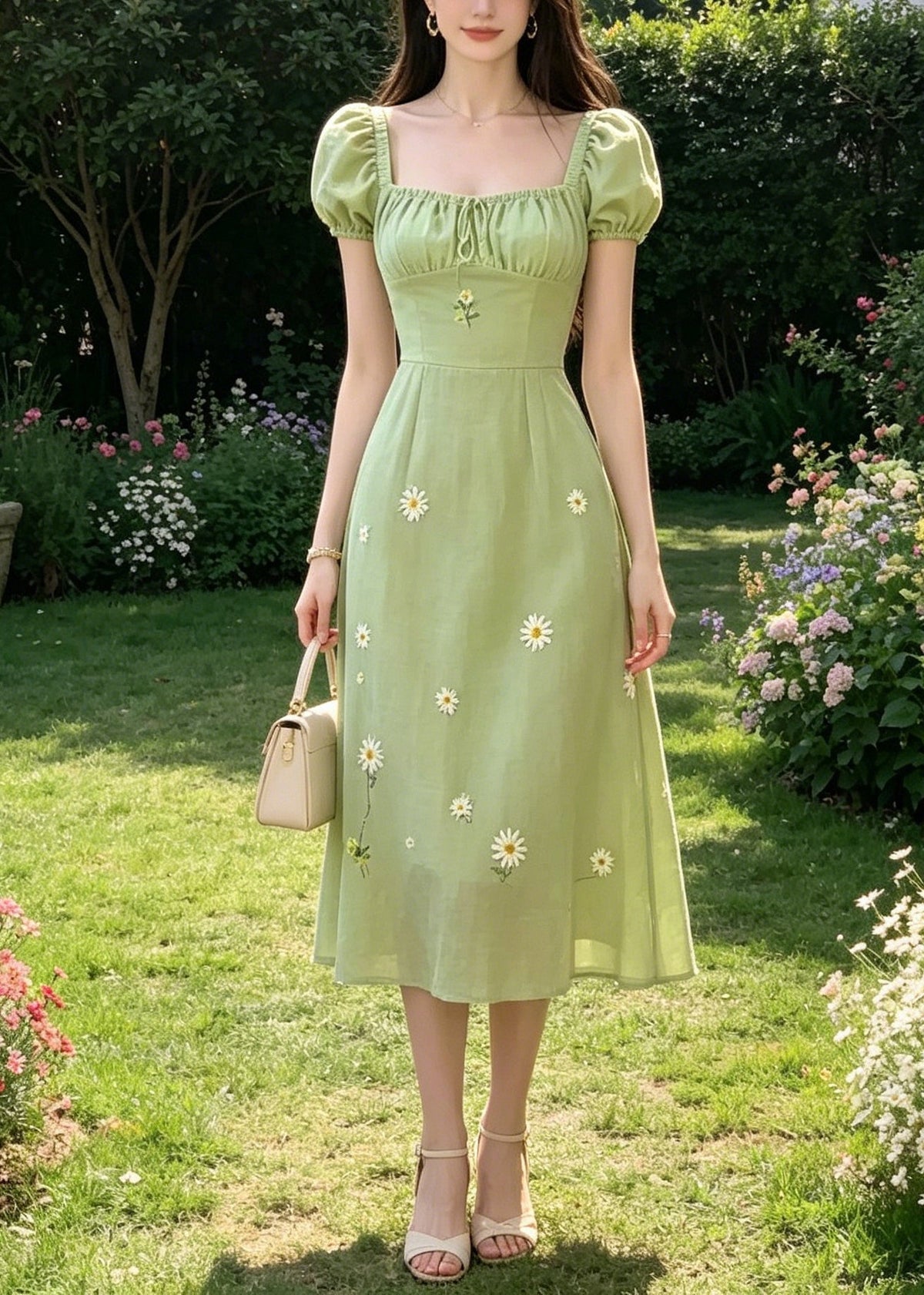 Handmade Green Square Collar Tie Lace Embroidered Floral Long Dresses Puff Sleeve - View 3