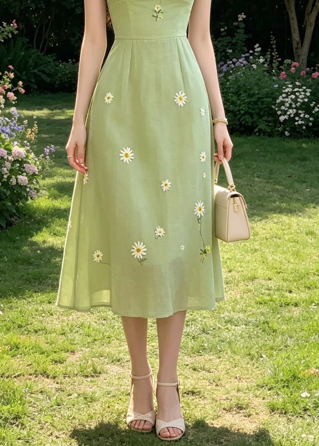 Handmade Green Square Collar Tie Lace Embroidered Floral Long Dresses Puff Sleeve - View 4