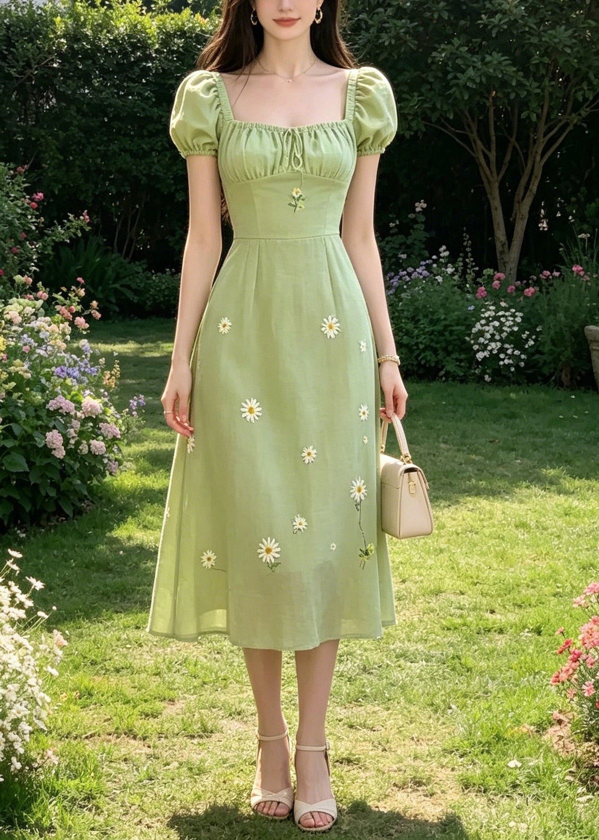 Handmade Green Square Collar Tie Lace Embroidered Floral Long Dresses Puff Sleeve - View 5