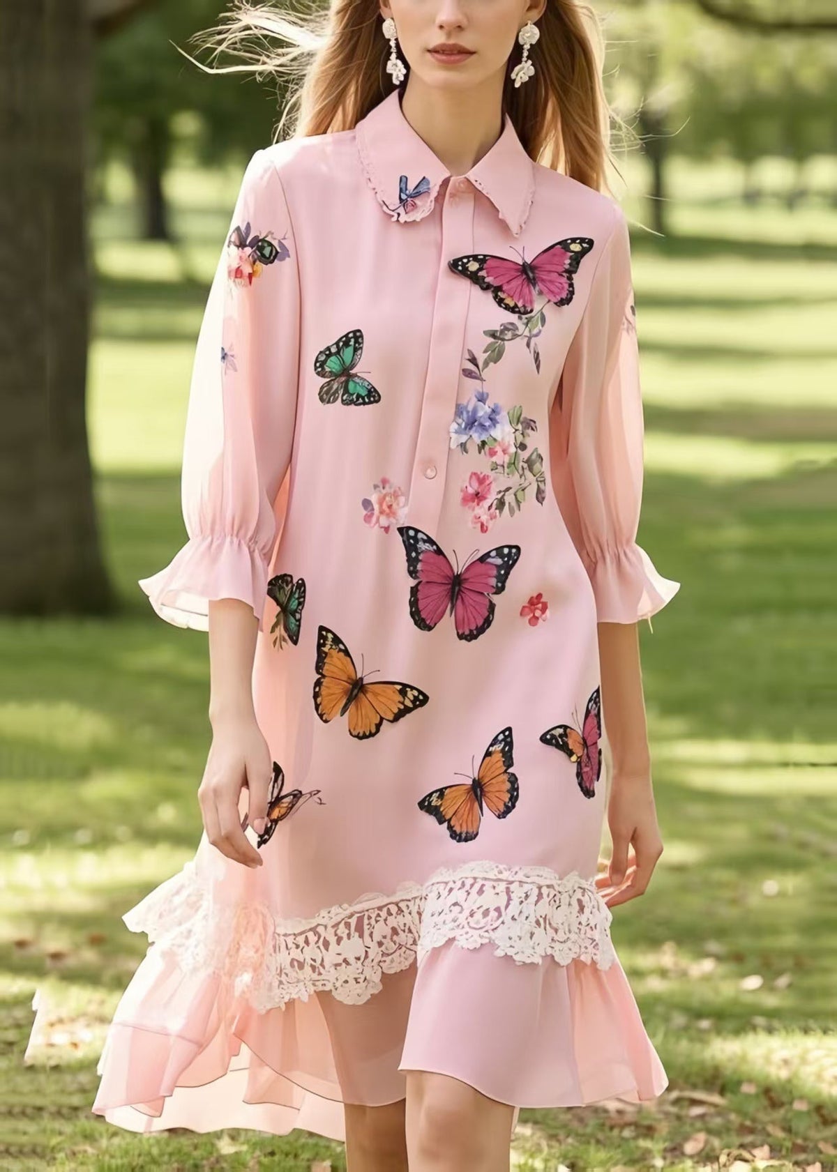 Butterfly Print Collar Button Front Ruffle Sleeve Midi Dress - View 3