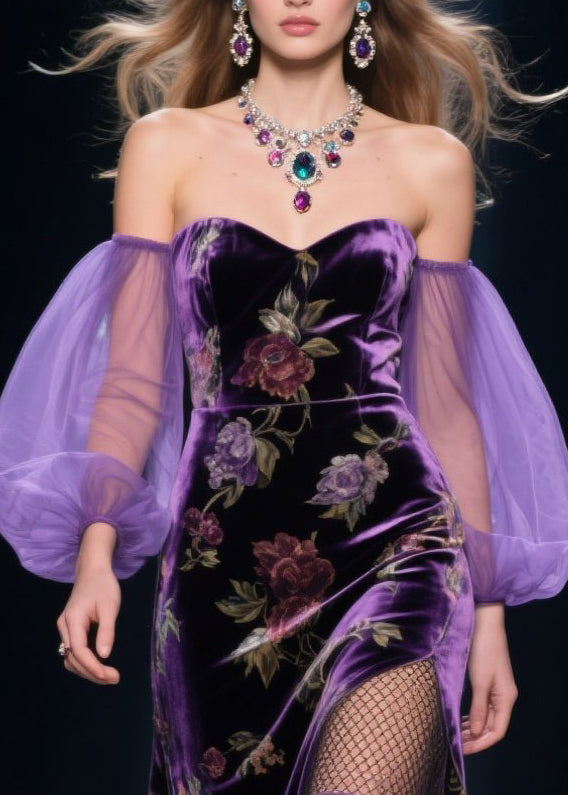 Velvet Off Shoulder Tulle Puff Sleeve Tiered Ruffle Maxi Gown - View 2