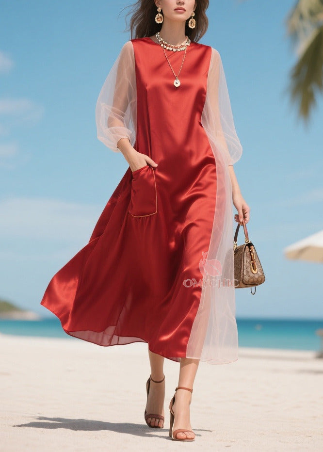 Mesh Lantern Sleeve Round Neck Patch Pocket Satin Midi Dress