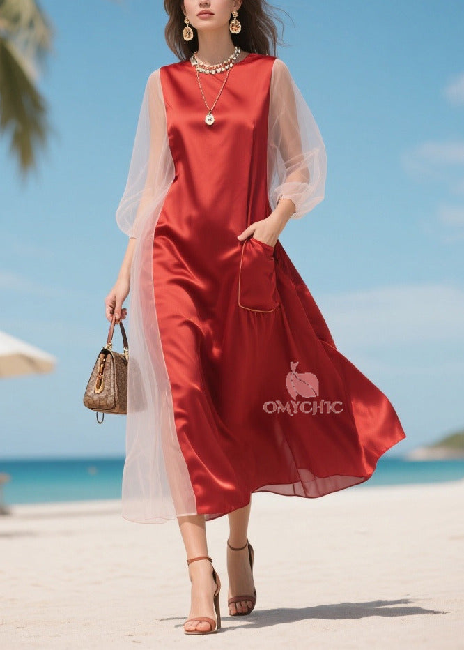 Mesh Lantern Sleeve Round Neck Patch Pocket Satin Midi Dress - View 3