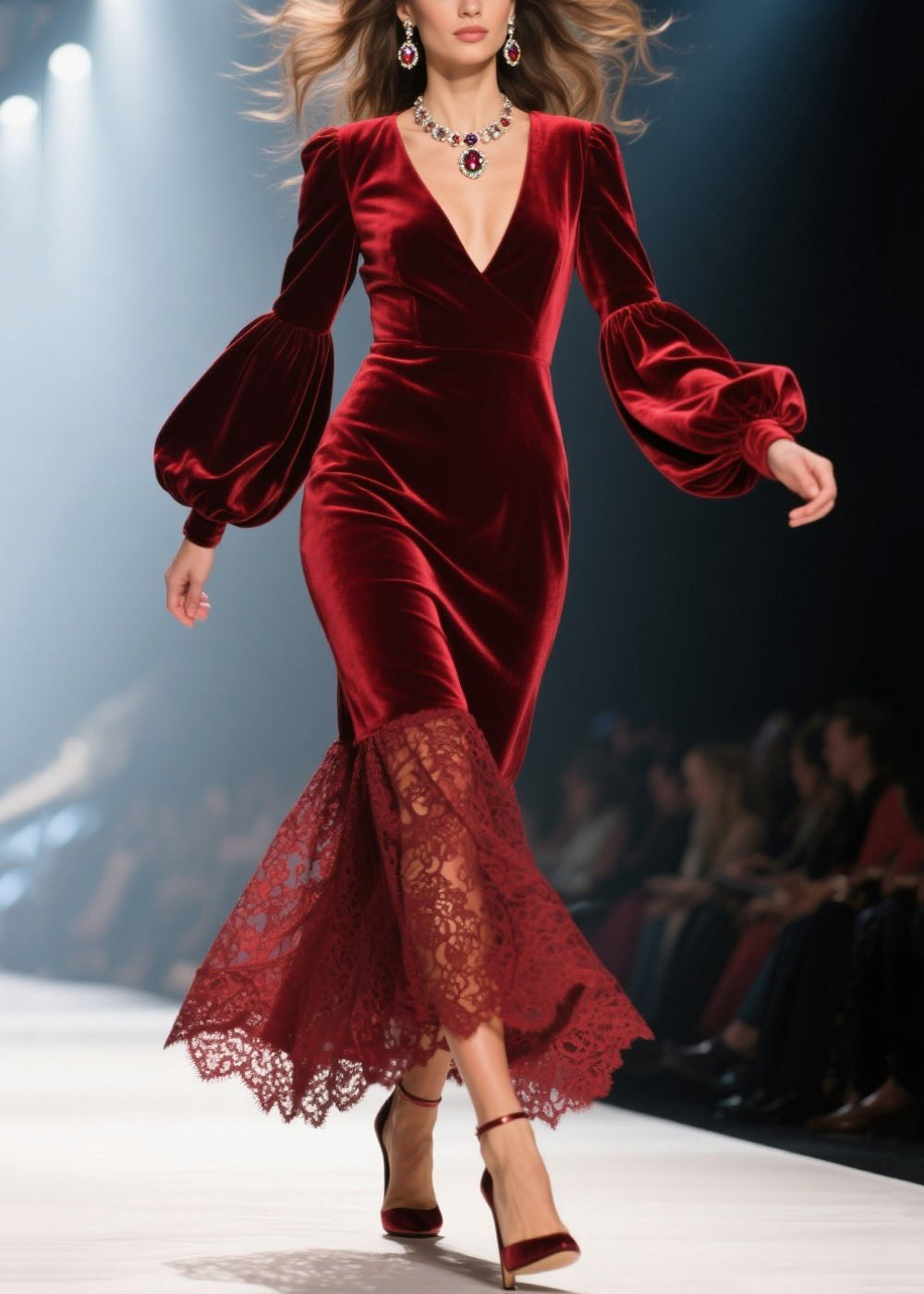 Velvet Lace Trumpet Skirt Wrap V-Neck Lantern Sleeve Midi Dress