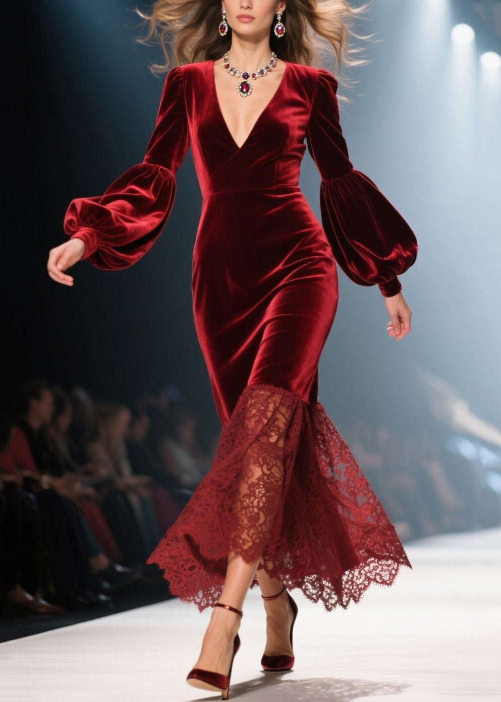 Velvet Lace Trumpet Skirt Wrap V-Neck Lantern Sleeve Midi Dress - View 3