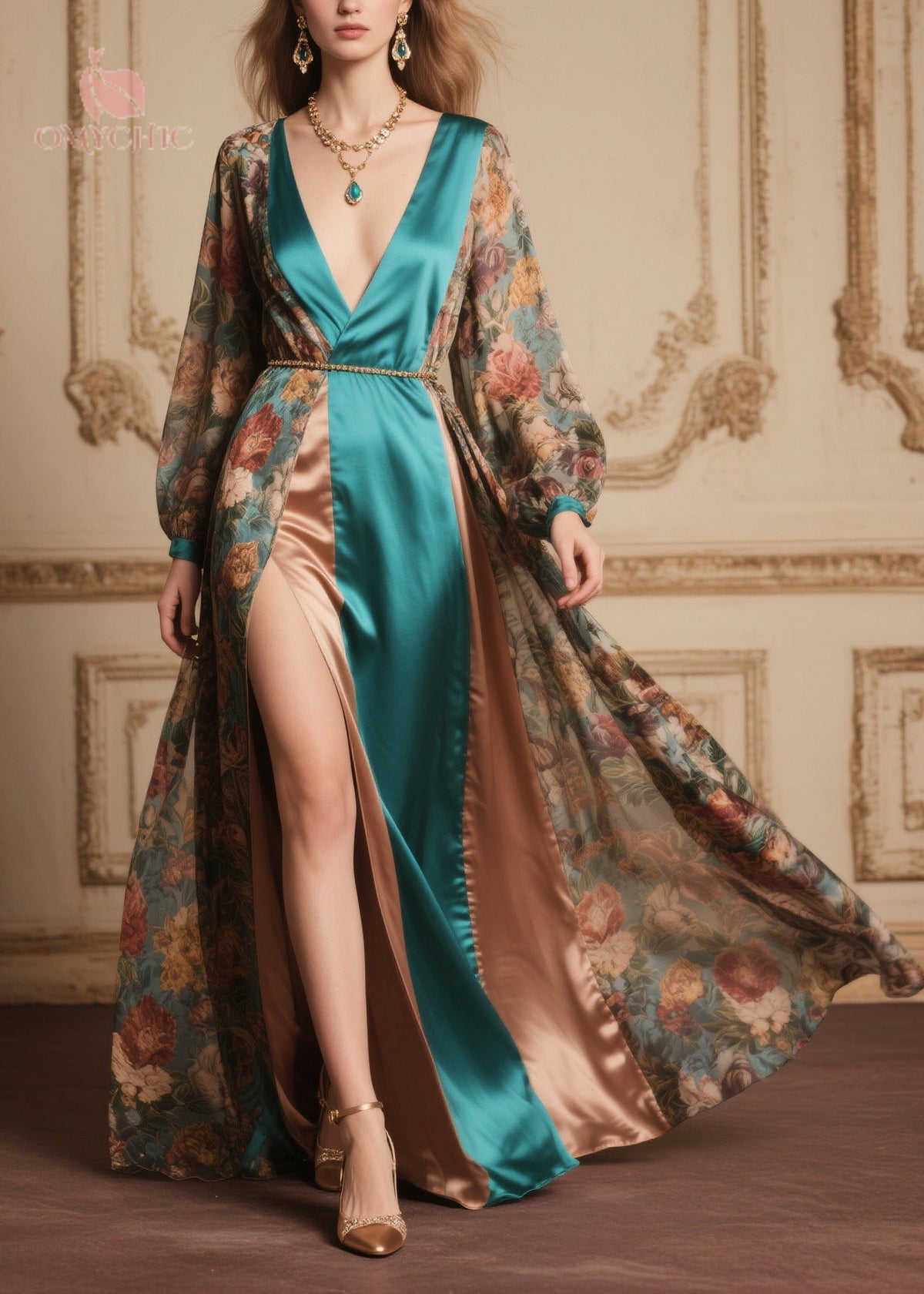 Floral Print Chiffon Deep V-Neck Wrap Long Sleeve Satin Maxi Gown - View 3