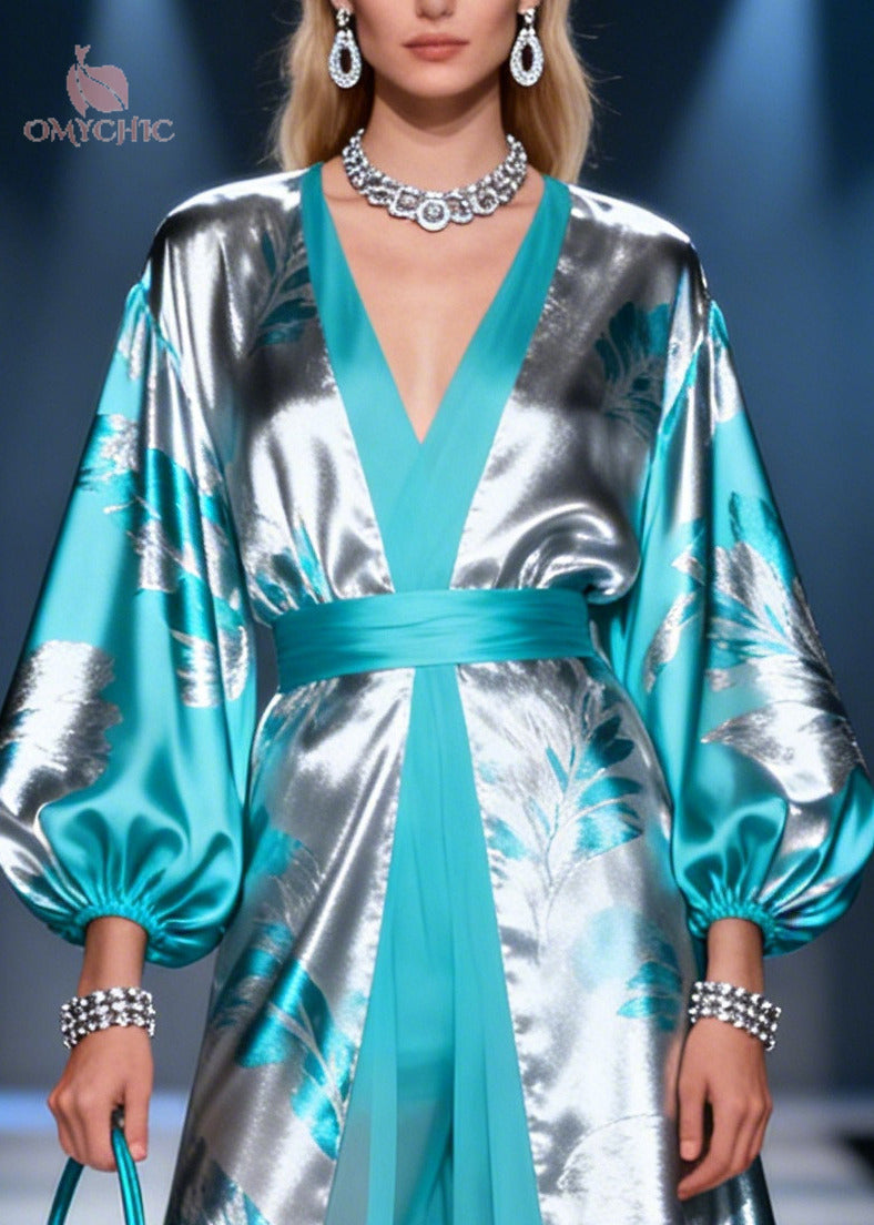 Metallic Leaf Jacquard Bishop Sleeve Open Front Sheer Maxi Gown - View 2