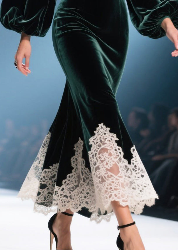 Velvet Deep V-Neck Bishop Sleeve Lace Trim Trumpet Maxi Gown - View 4