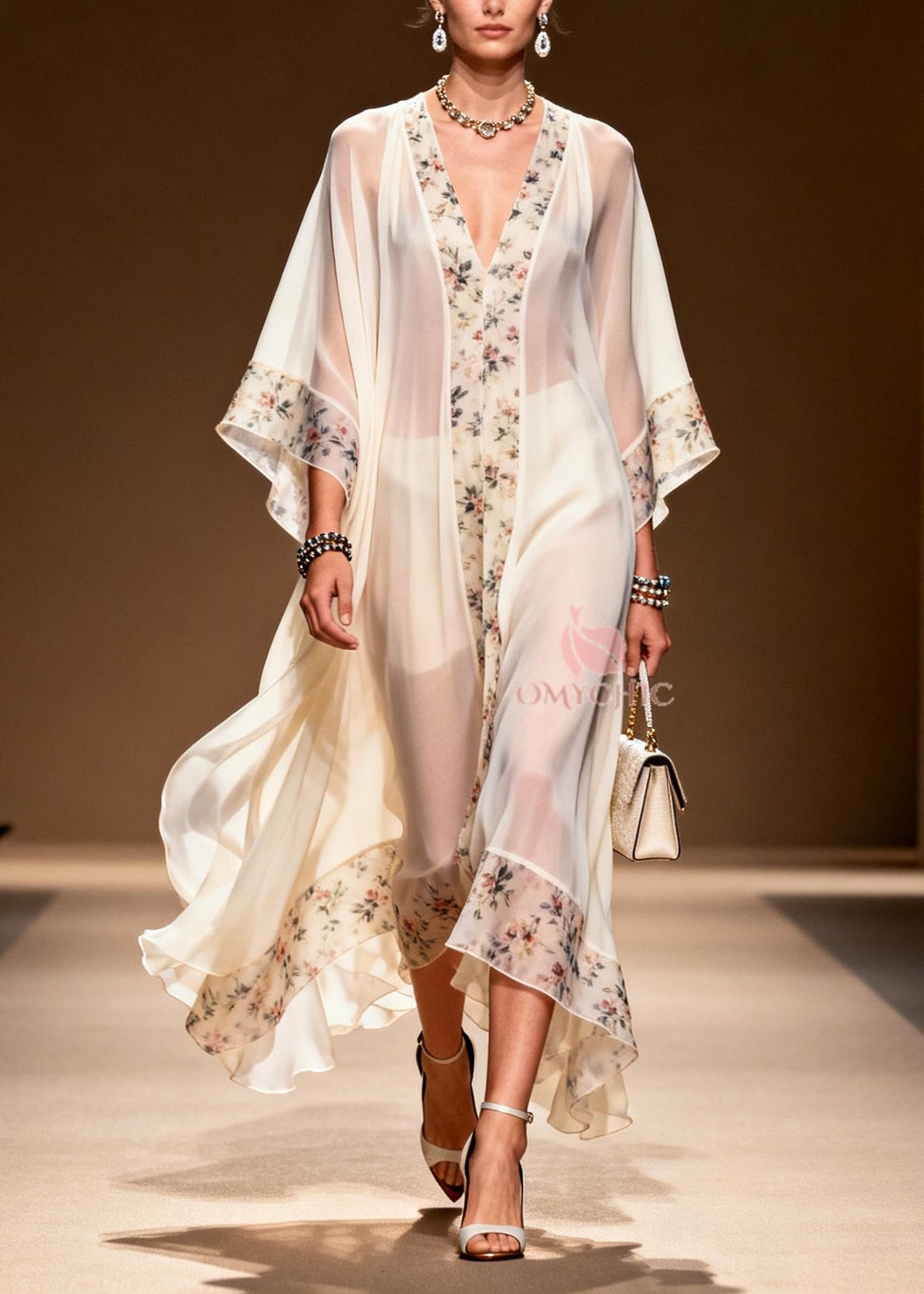 Sheer Chiffon Floral Border Deep V-Neck Sleeve Tiered Maxi Gown