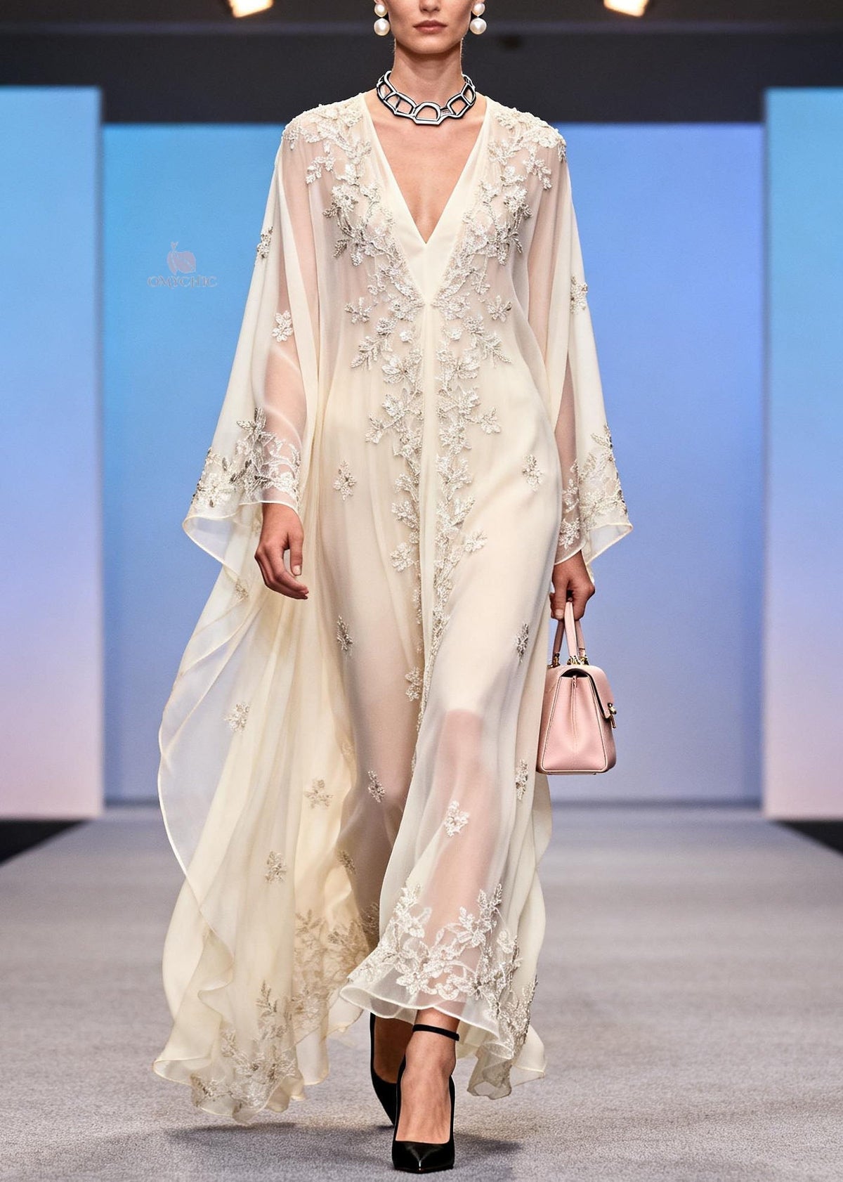 Chiffon Sequin Floral Embroidery Deep V-Neck Kaftan Sleeve Maxi Gown - View 5