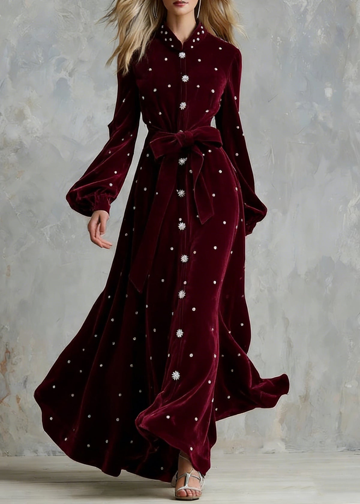 Handmade Wine Red Zircon Tie Waist Silk Velvet Maxi Dresses - View 5