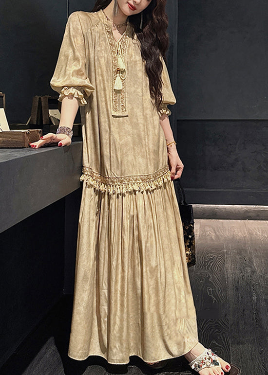 Embroidered Lace Up Tassel Trim Tiered Boho Maxi Dress - View 5