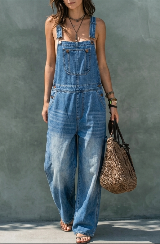 Bib Pocket Wide Leg Denim Overalls 2