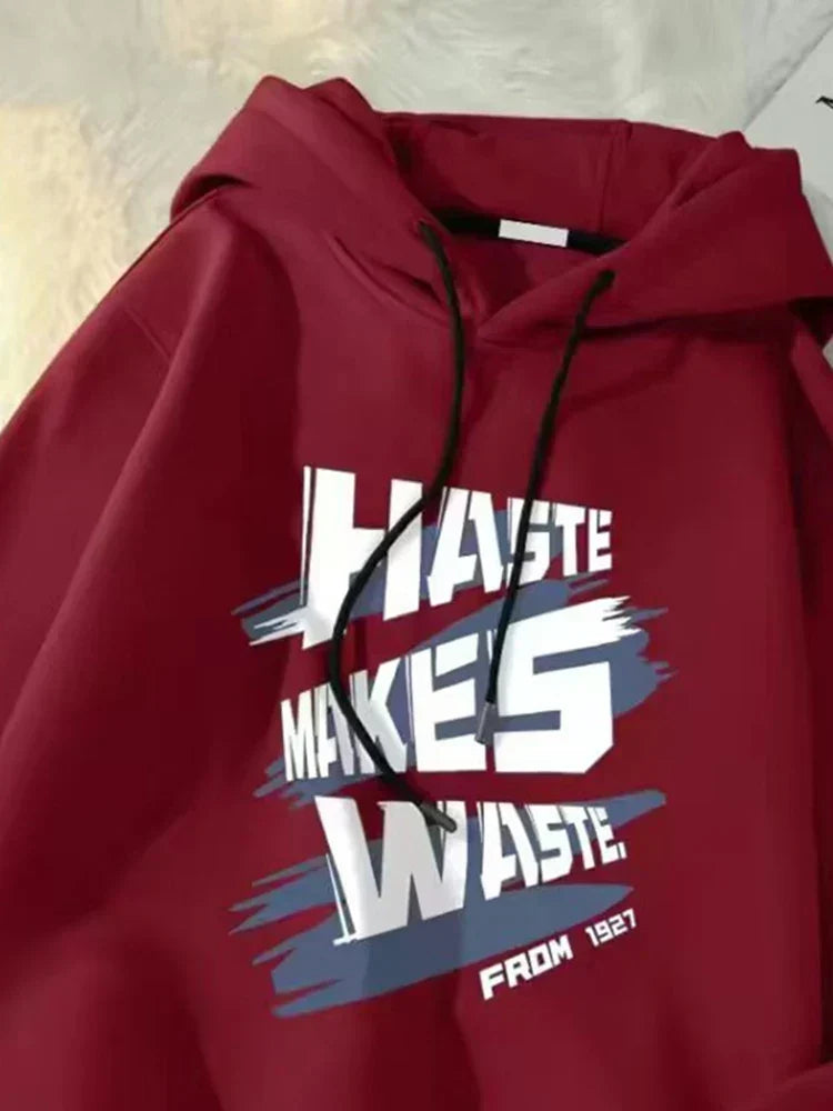 Haste Makes Waste Letter Hoodie Red / M(40-50KG)