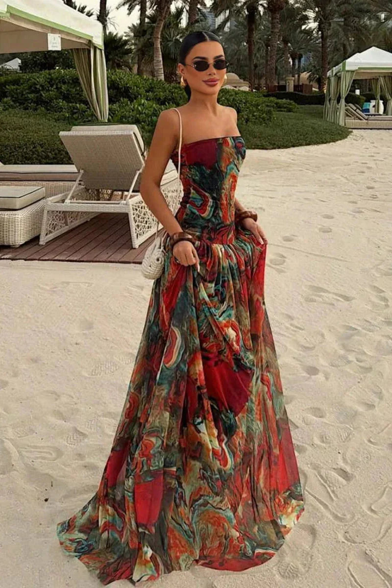 Abstract Print Strapless Drop Waist Tiered Maxi Gown 4