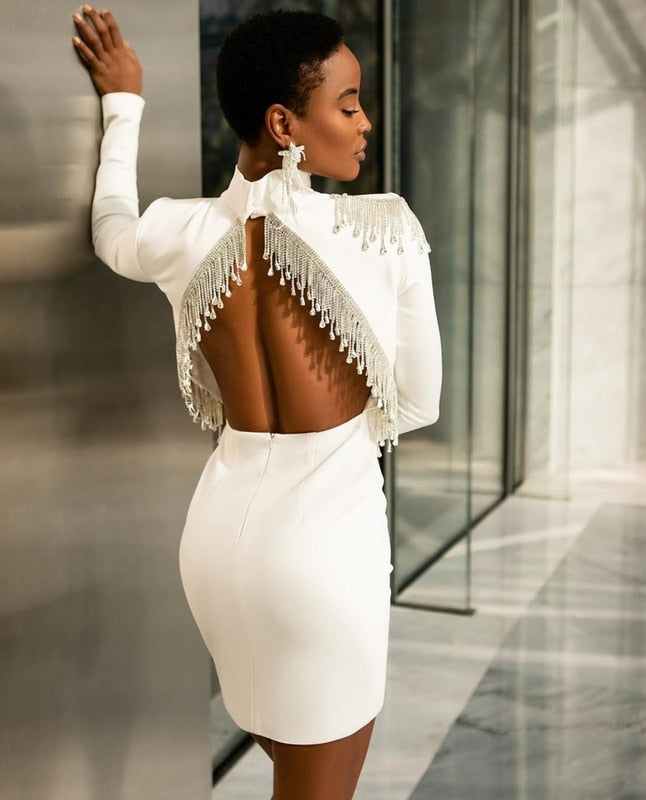 Mock Neck Long Sleeve Backless Rhinestone Fringe Bandage Mini Dress - View 18
