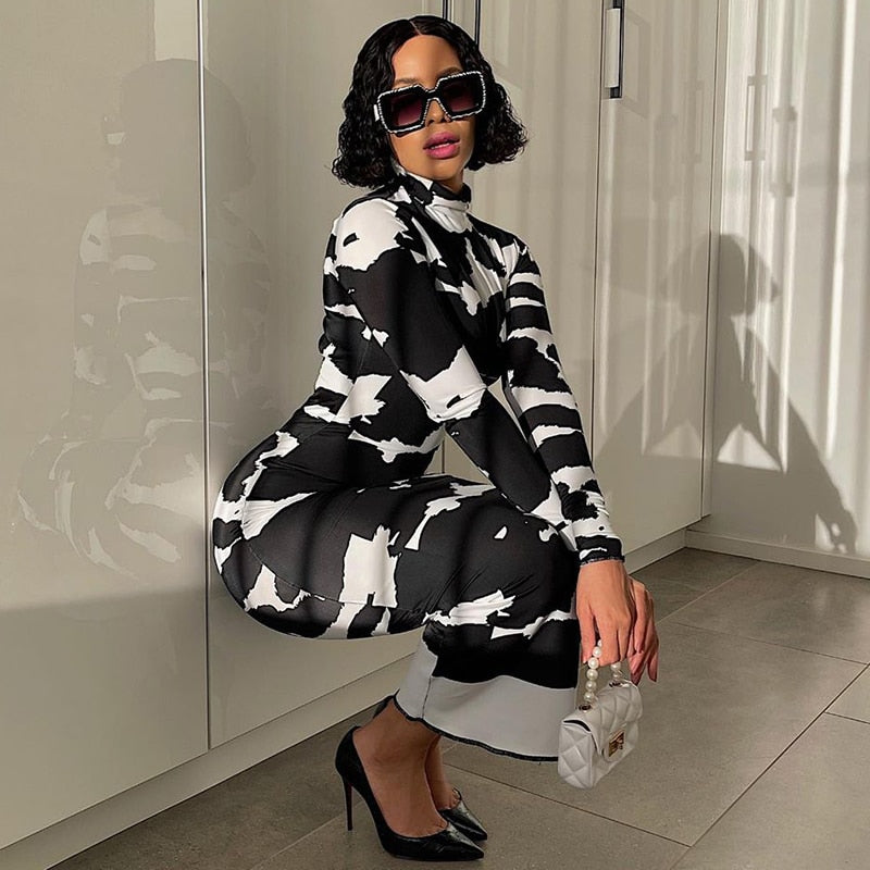 Turtleneck Long Sleeve Cow Print Bodycon Maxi Dress 3