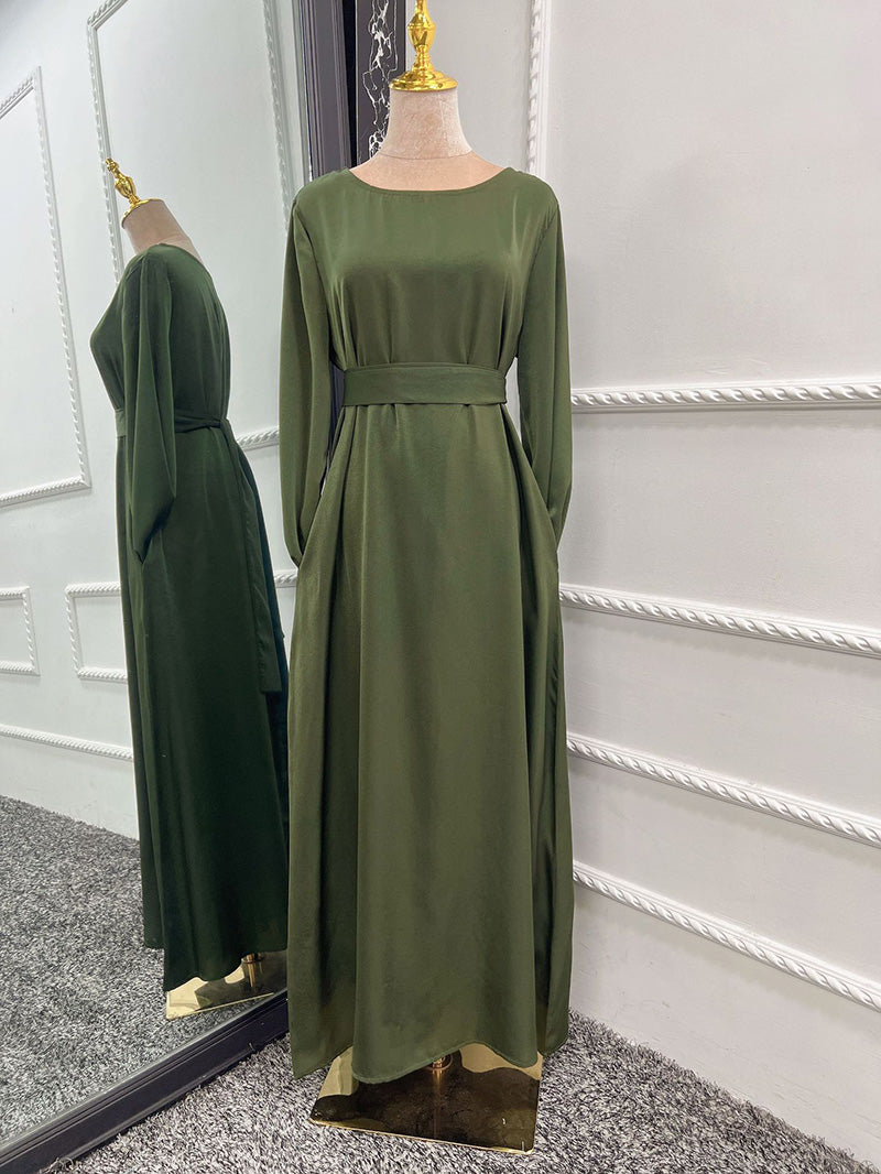 Satin Crew Neck Bell Sleeve Sash Tie A-Line Maxi Gown - View 5
