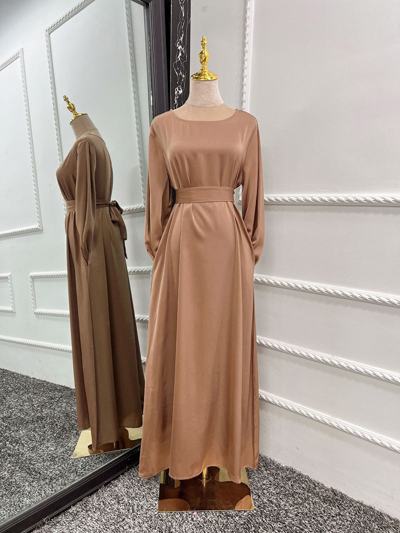 Satin Crew Neck Bell Sleeve Sash Tie A-Line Maxi Gown - View 2