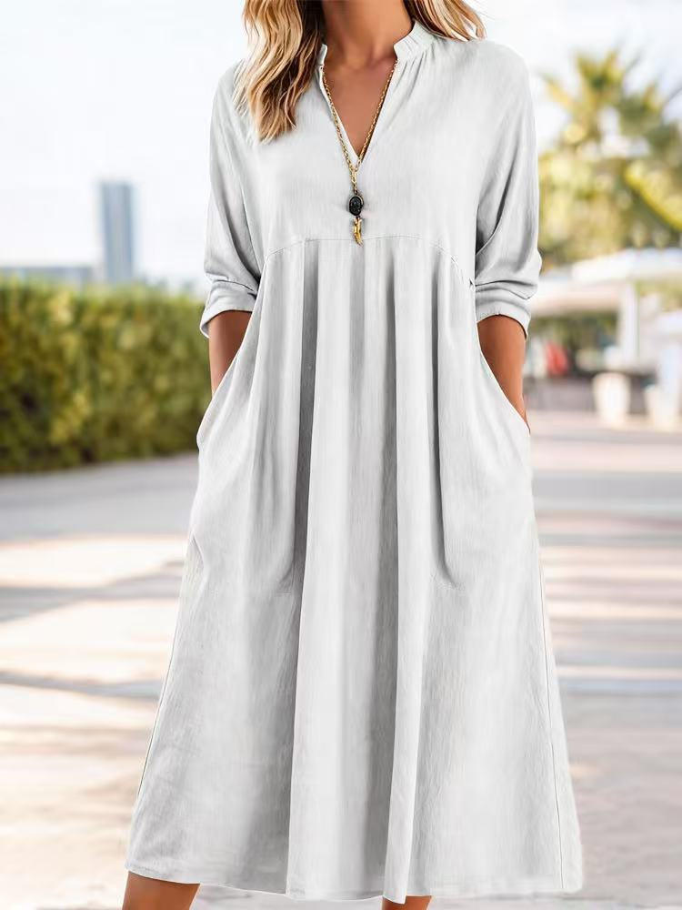 V-Neck Long Sleeve Pocket A-Line Midi Dress 5