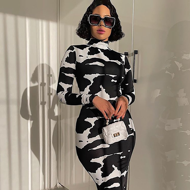 Turtleneck Long Sleeve Cow Print Bodycon Maxi Dress 2