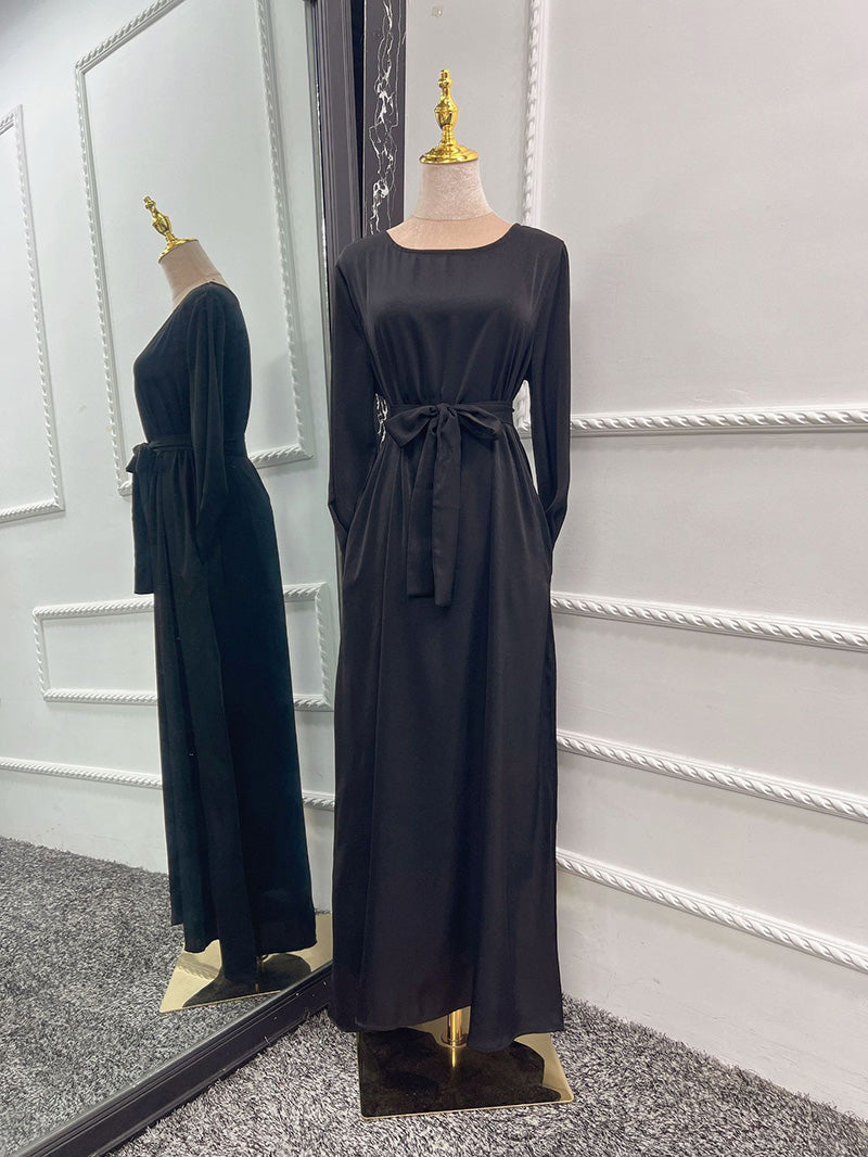 Satin Crew Neck Bell Sleeve Sash Tie A-Line Maxi Gown - View 6