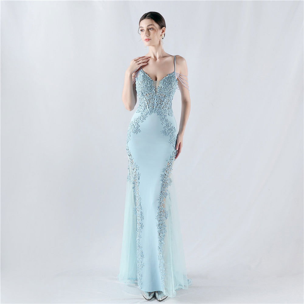 Lace Beaded Spaghetti Strap Sheer Mermaid Maxi Dress - View 2