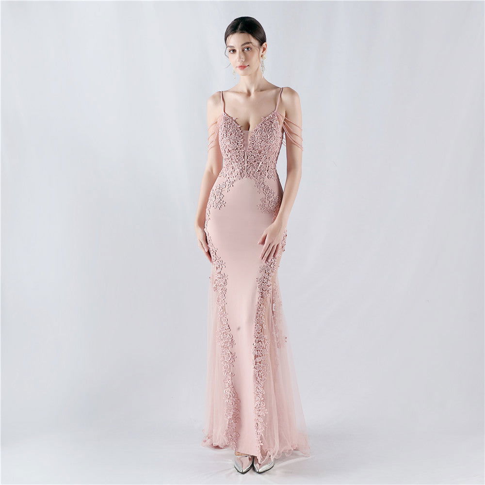 Lace Beaded Spaghetti Strap Sheer Mermaid Maxi Dress - View 5