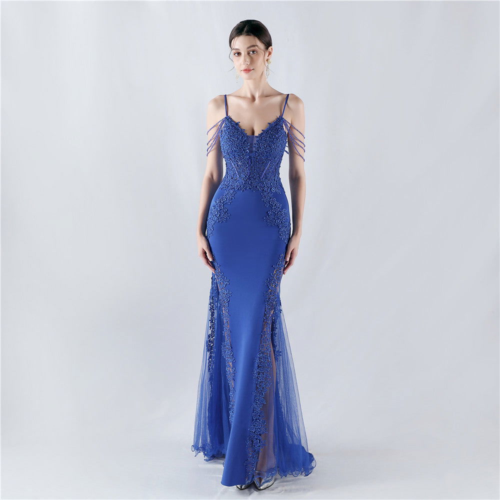 Lace Beaded Spaghetti Strap Sheer Mermaid Maxi Dress - View 6