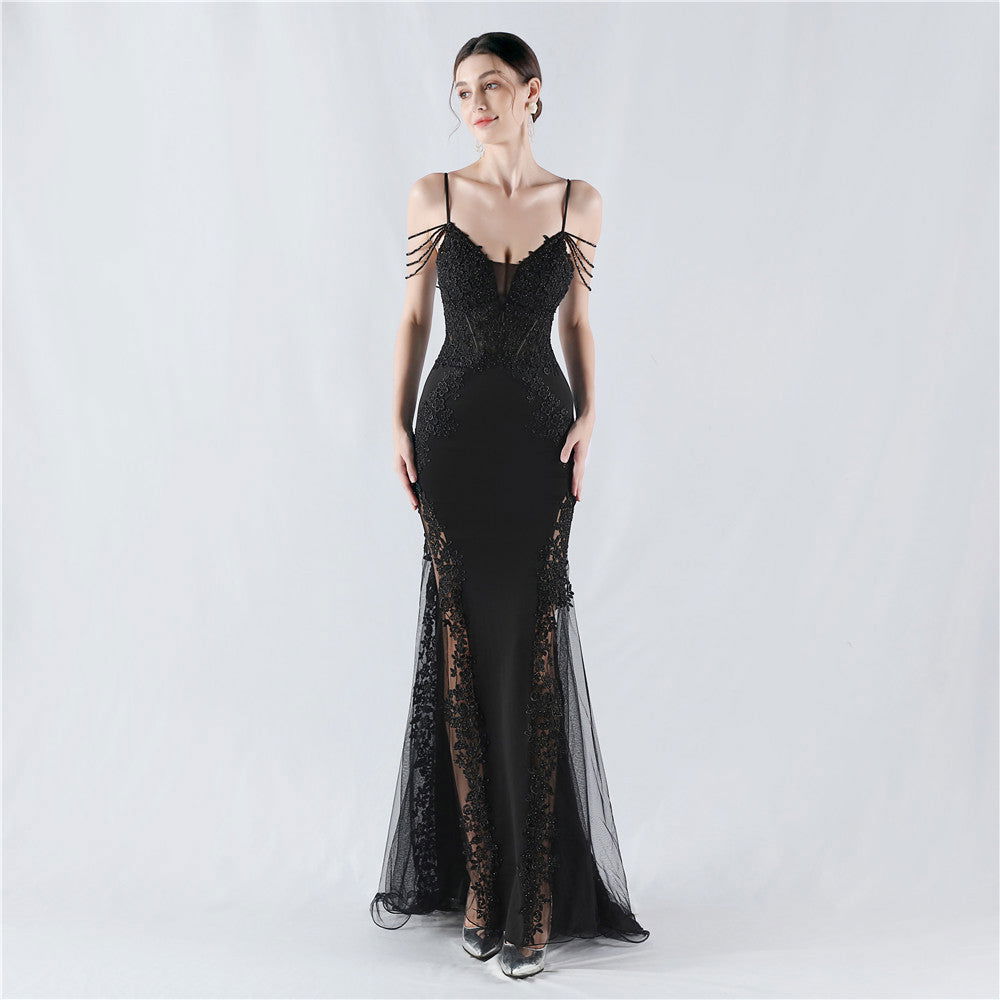 Lace Beaded Spaghetti Strap Sheer Mermaid Maxi Dress - View 8