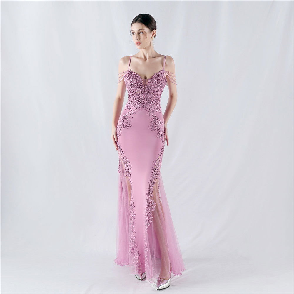Lace Beaded Spaghetti Strap Sheer Mermaid Maxi Dress - View 10