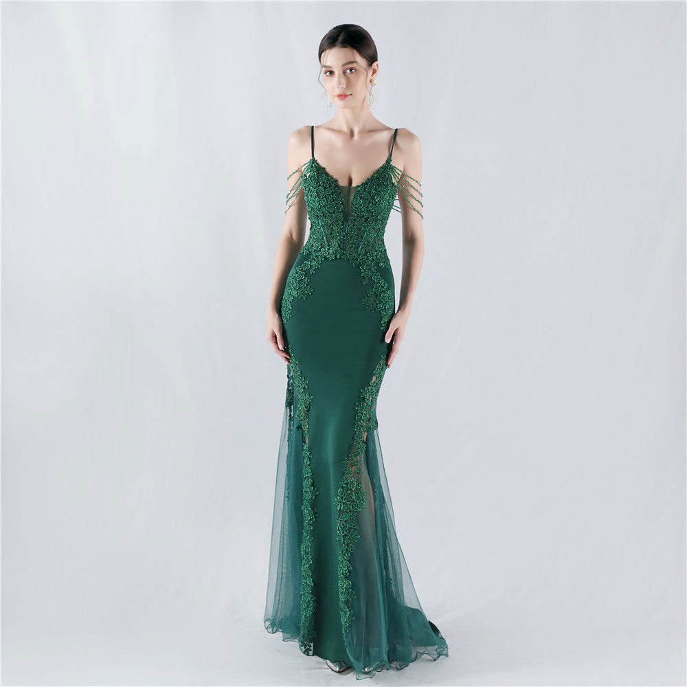 Lace Beaded Spaghetti Strap Sheer Mermaid Maxi Dress - View 11