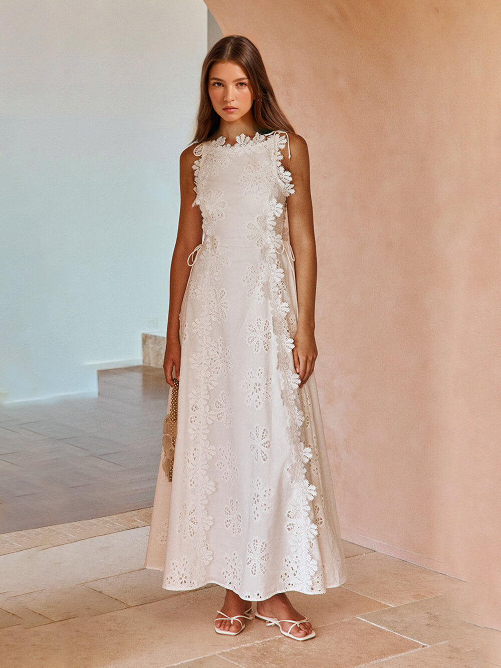 Eyelet Embroidery Scalloped Lace Trim High Neck Side Tie Maxi Dress