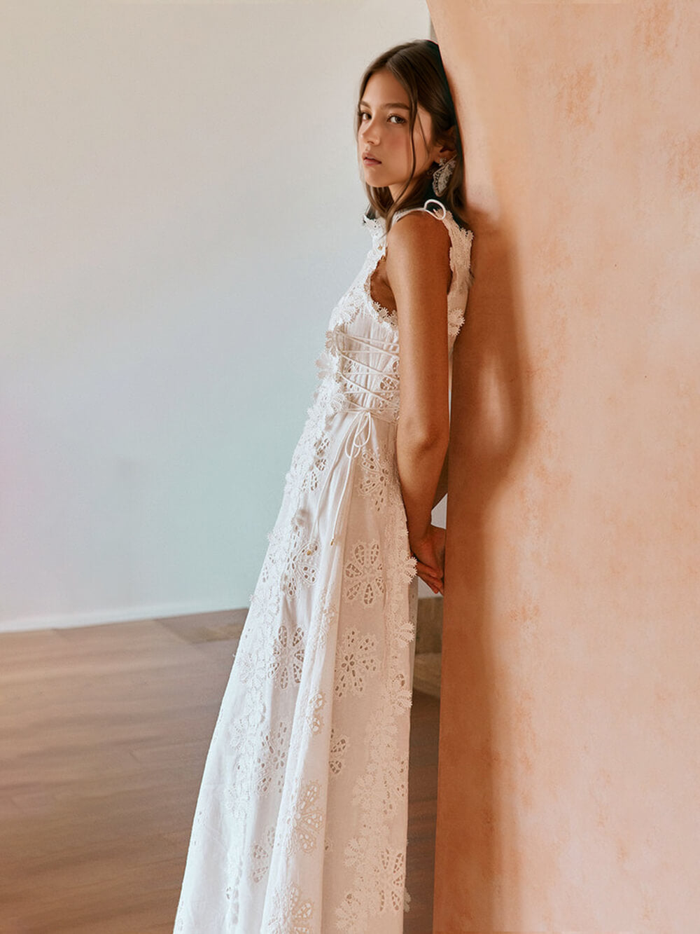 Eyelet Embroidery Scalloped Lace Trim High Neck Side Tie Maxi Dress - View 3