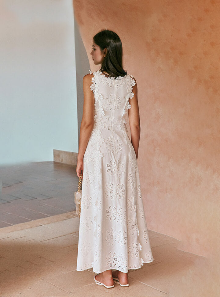 Eyelet Embroidery Scalloped Lace Trim High Neck Side Tie Maxi Dress - View 5