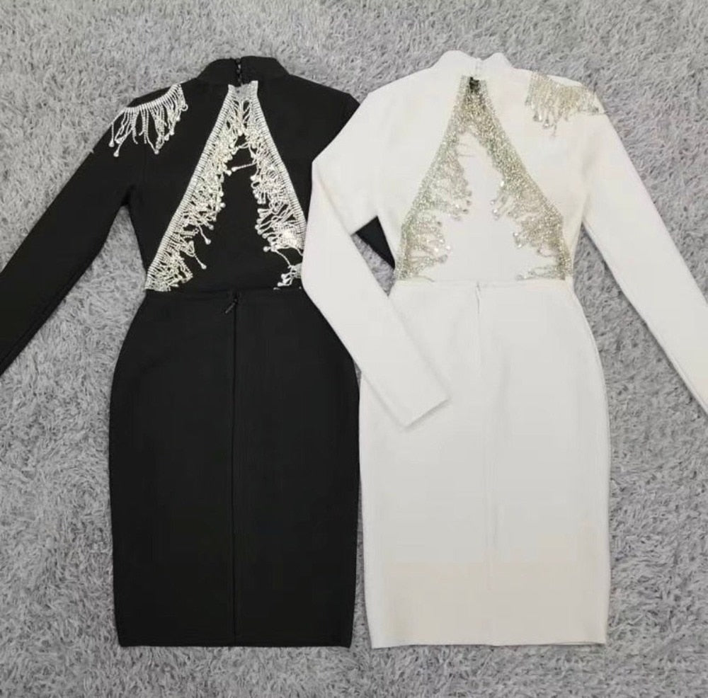 Mock Neck Long Sleeve Backless Rhinestone Fringe Bandage Mini Dress 46