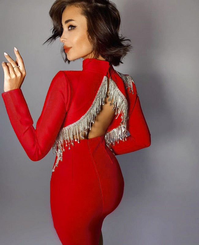 Mock Neck Long Sleeve Backless Rhinestone Fringe Bandage Mini Dress - View 8