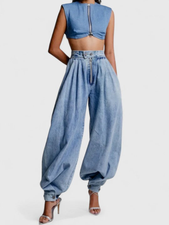 High Waist Balloon Leg Denim Pants 2