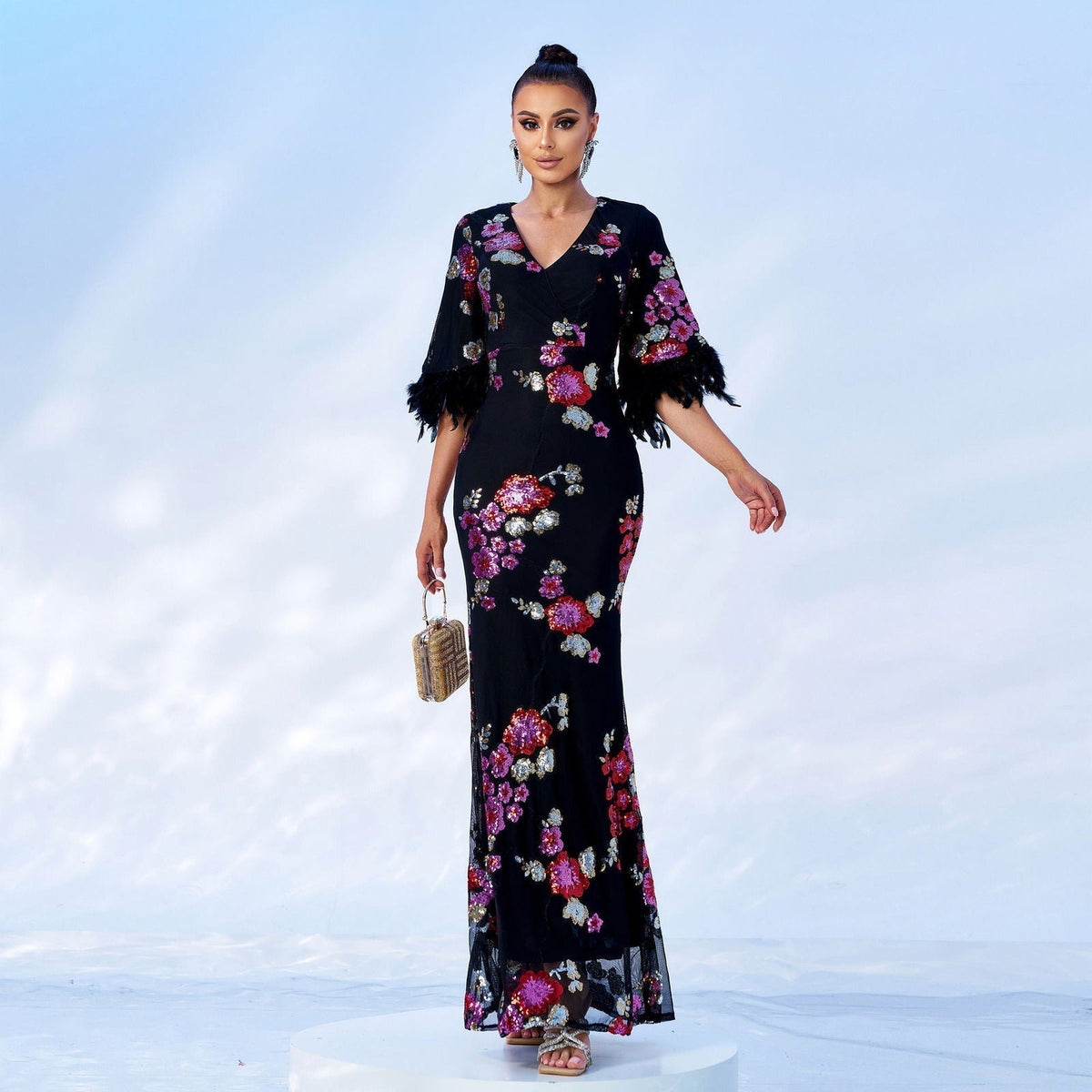 Floral Sequin V-Neck Feather Sleeve Mermaid Maxi Dress