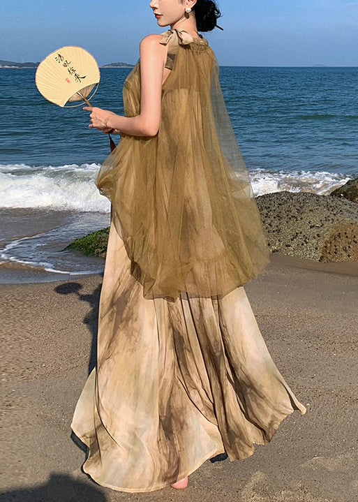 Halter Neck Sleeveless Tulle Tie Dye Layered Maxi Dress - View 3